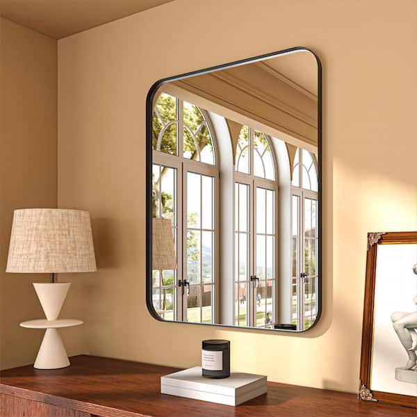 ORGANNICE 28 in. W x 36 in. H Rectangular Aluminum Framed Modern Black Rounded Wall Mirror