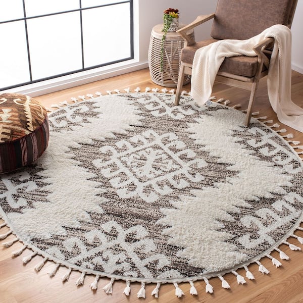 Moroccan Tassel 5 ft. x 5 ft. Ivory/Brown Geometric Round Rug