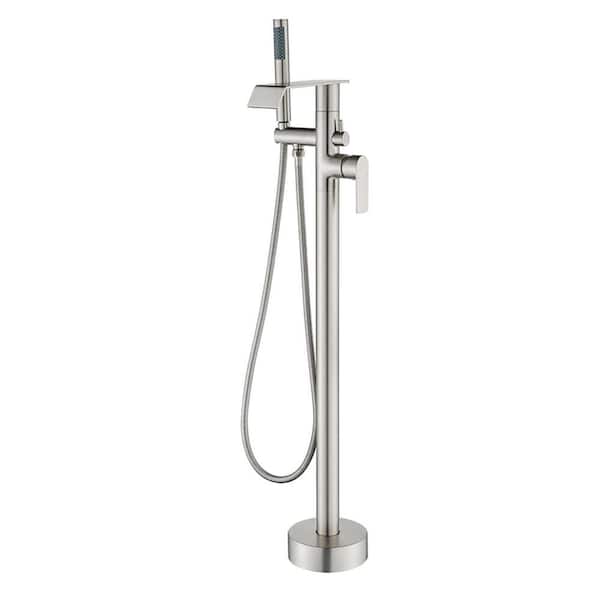 AIMADI 2-Handle Waterfall Freestanding Tub Faucet with Hand Shower Brass 1-Hole Floor Mounted Tub Fillers in Brushed Nickel