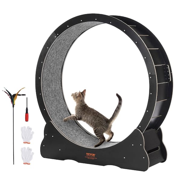 Wooden Cat Exercise Wheel, 43.3 in. Large Cat Treadmill Wheel for Indoor Cats, Cat Running Wheel with Cat Teaser, Black