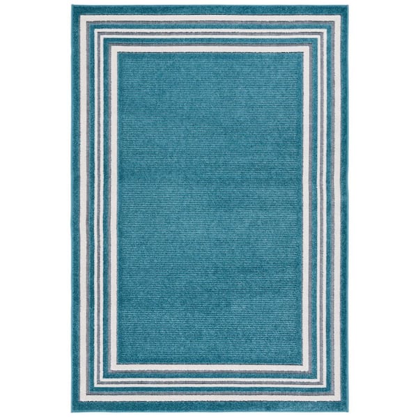 Cabana Turquoise/Ivory 5 ft. x 8 ft. High-Low Striped Border Indoor/Outdoor Area Rug
