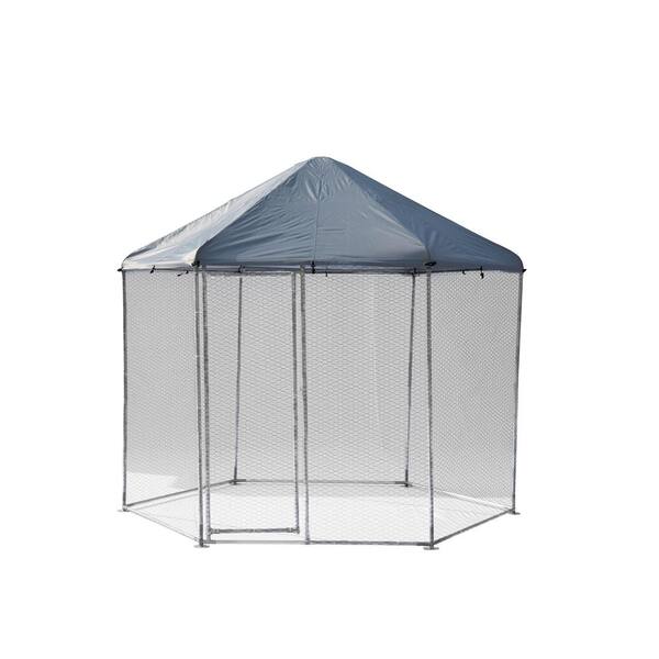Tunearary 9.2 ft. x 8.1 ft. Hexagonal Large Metal Chicken Coop Oxford Fabric Canopy, Waterproof and UV Resistant