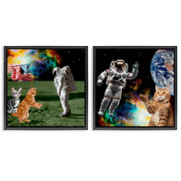 Stupell Industries Cats and Astronauts in Space by June Erica Vess 2-Pieces Black Floater Frame Animal Graphic Art Print 25 in. x 25 in.