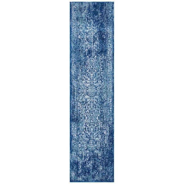 Evoke Navy/Ivory 2 ft. x 21 ft. Distressed Border Medallion Runner Rug