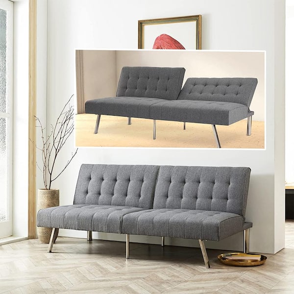 MAYKOOSH 68.5 in W Gray Tufted Split Back Futon Sofa Bed, Linen Couch Bed, 3-Seat Futon Convertible Sofa Bed