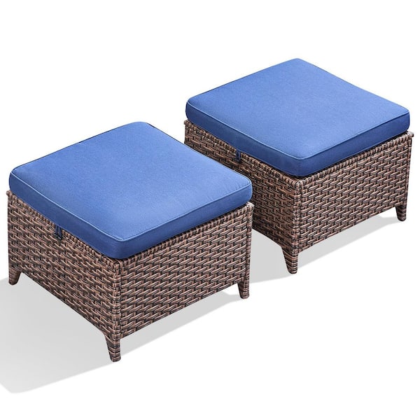 Nudge 2-Piece Brown PE Wicker Outdoor Ottoman Patio Steel Frame Footstool, Footrest with Blue Cushions for Backyard