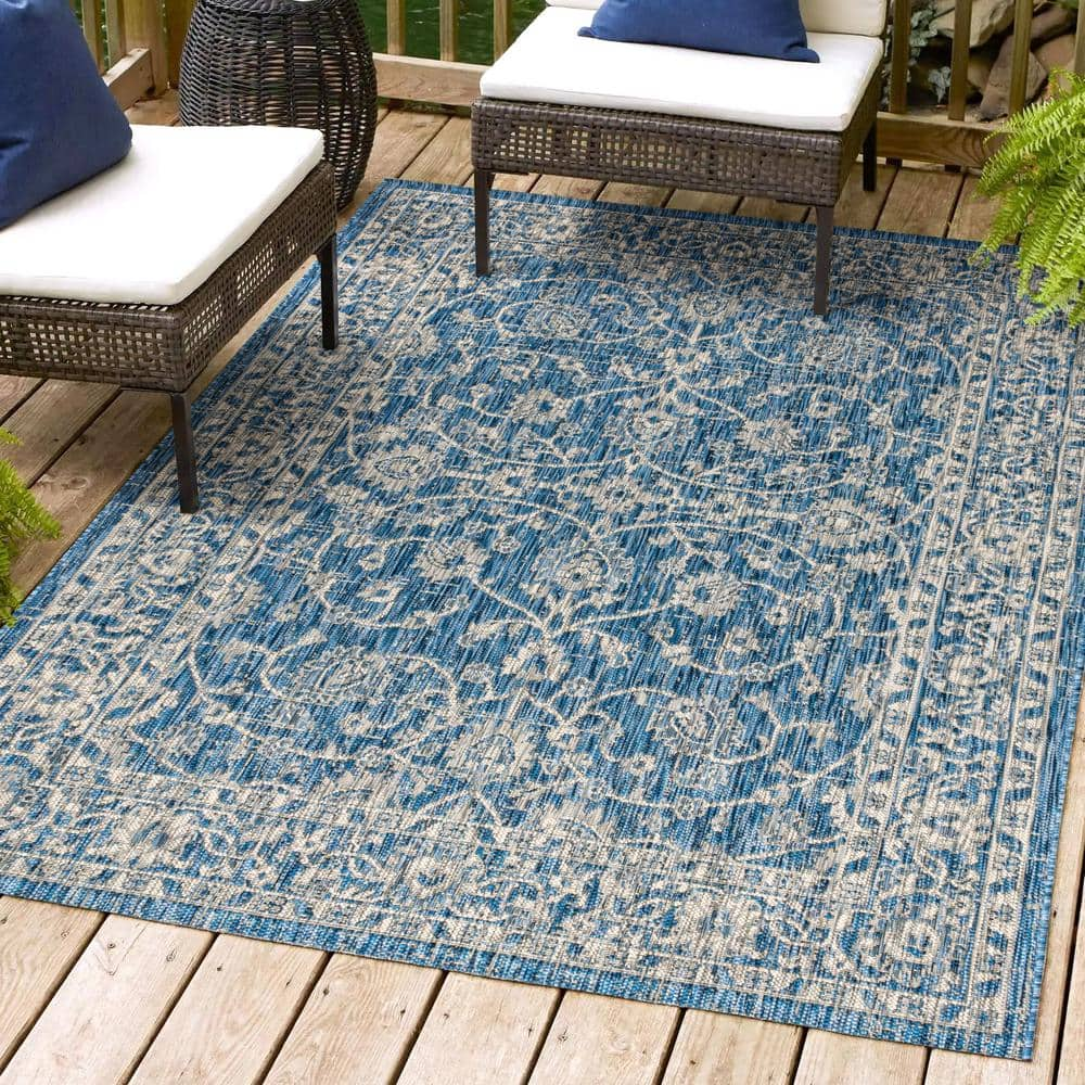 JONATHAN Y Palazzo Vine and Border Navy/Gray 3 ft. 1 in. x 5 ft. Textured Weave Indoor/Outdoor Area Rug