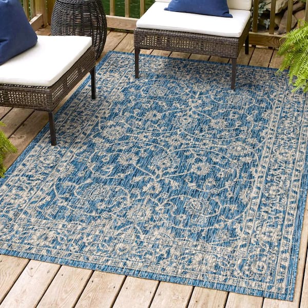 JONATHAN Y Palazzo Vine and Border Navy/Gray 5 ft. 3 in. x 7 ft. 7 in. Textured Weave Indoor/Outdoor Area Rug