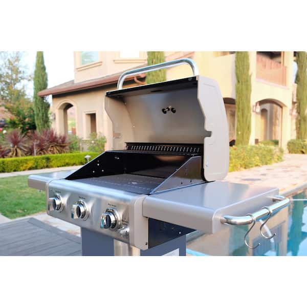 3-Burner Propane Gas Pedestal Grill with Foldable Side Shelves-Azure