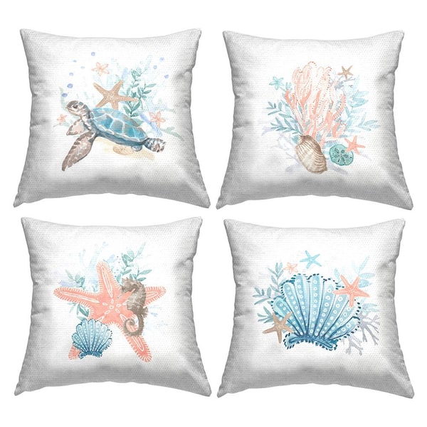 Pastel Sea Life Coral Reef Blue Square Outdoor Throw Pillow 4-Pack