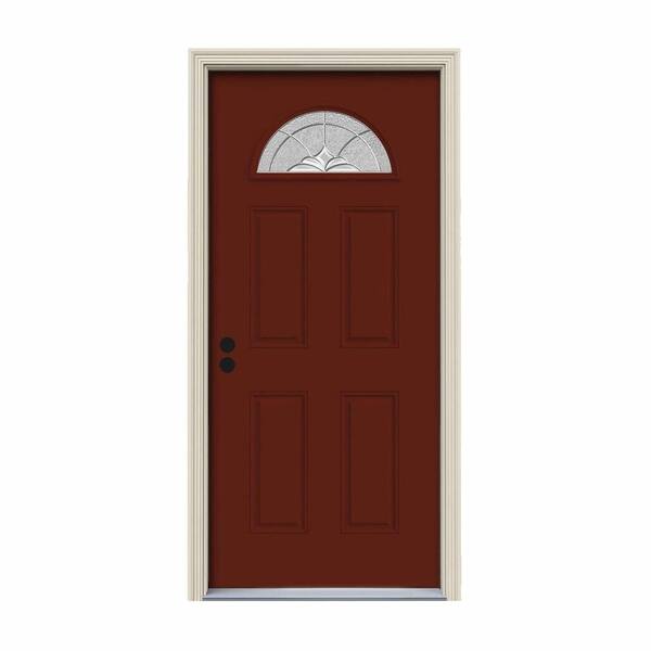 JELD-WEN 32 in. x 80 in. Fan Lite Langford Mesa Red Painted Steel Prehung Right-Hand Inswing Front Door w/Brickmould