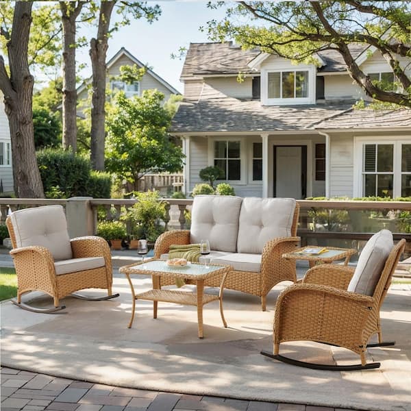 5-Piece Yellow Wicker Patio Conversation Set with Beige Cushions and Loveseat Side Table Flat Handrail Rocking Chairs