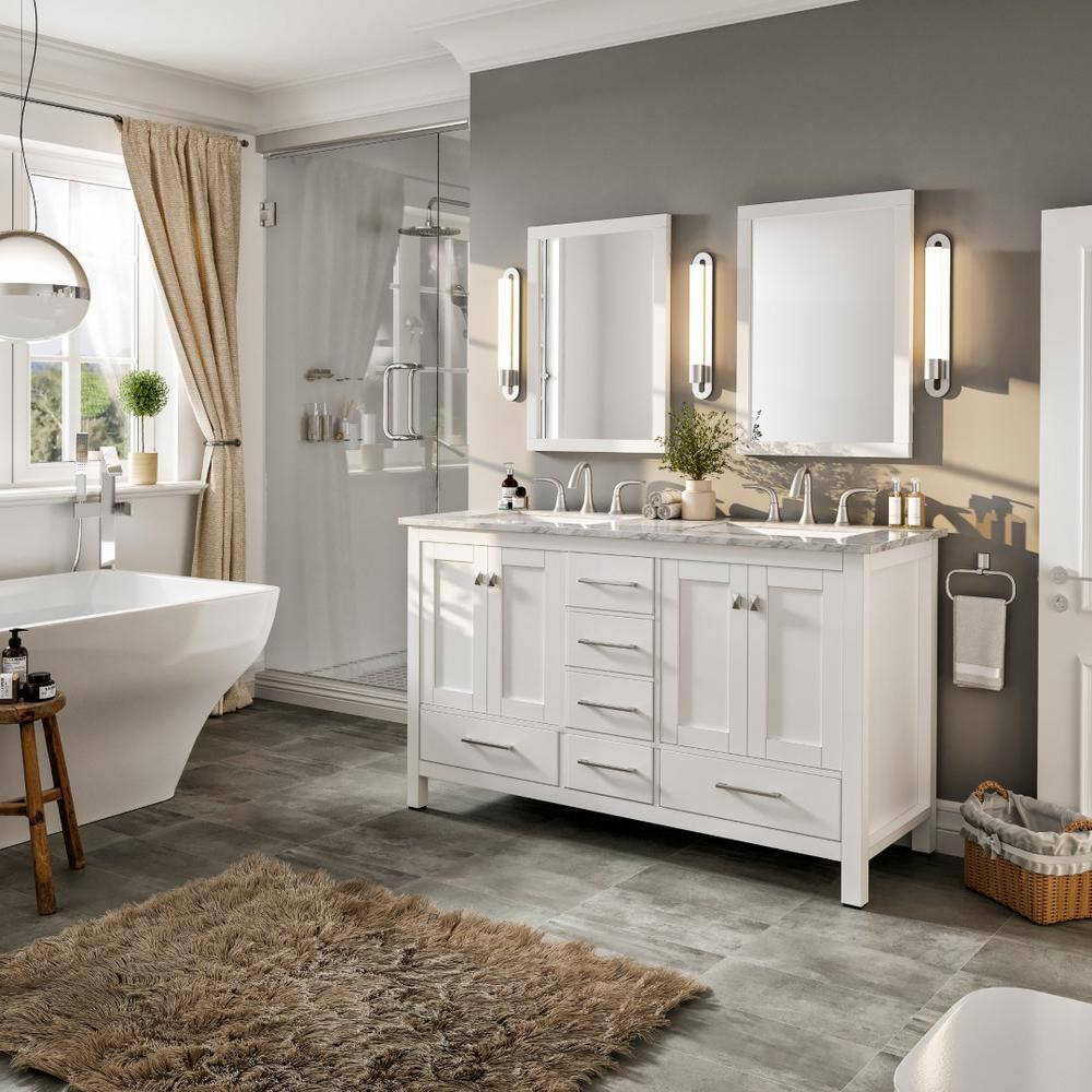 Aberdeen White Double Sink Bathroom Vanity with Carrara Quartz Top