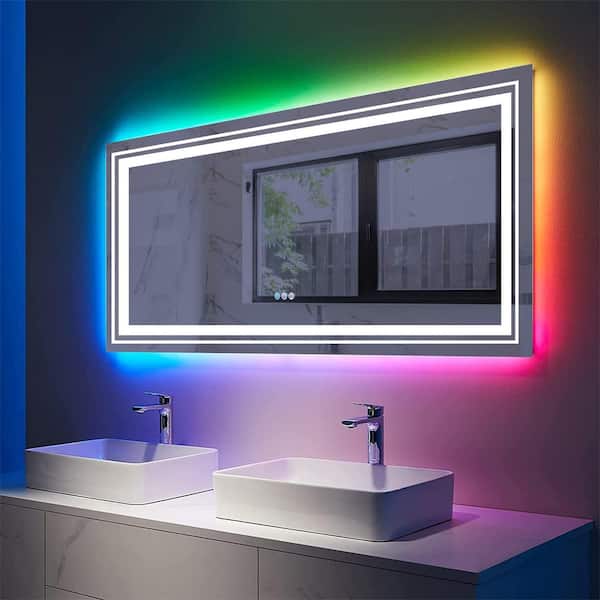 MYCASS RGB 72 in. W x 32 in. H Rectangular Frameless LED Mirror Memory with Backlit Light, Anti-Fog Wall Bathroom Vanity Mirror