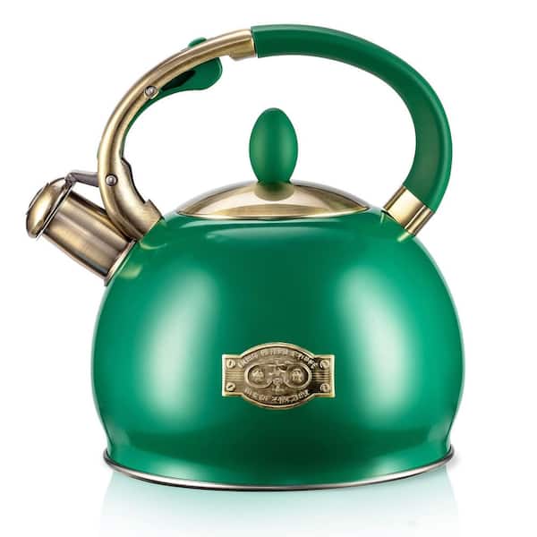 10-Cup Green Food Grade Stainless Steel Stovetop Kettle with Handle and Silicone Pinch Mitt for Home Kitchen Use