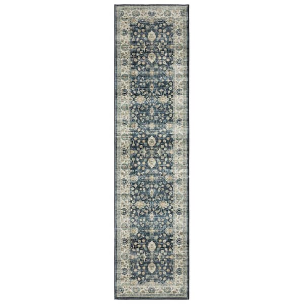 AVERLEY HOME Summit Blue/Ivory 2 ft. x 8 ft. Traditional Oriental Border Polyester Machine Washable Indoor Runner Area Rug