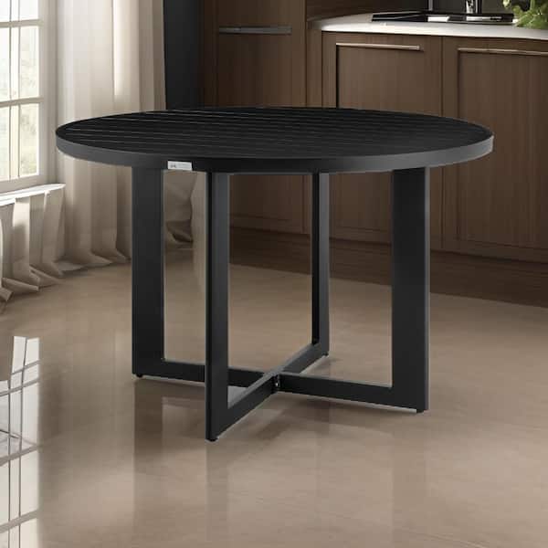 Benjara Ollie Black Aluminum Metal Round 48 in. Sled Base Dining Table Seats 4