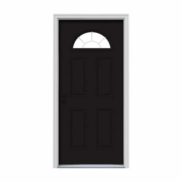JELD-WEN 30 in. x 80 in. Fan Lite Black Painted Steel Prehung Right-Hand Inswing Front Door w/Brickmould