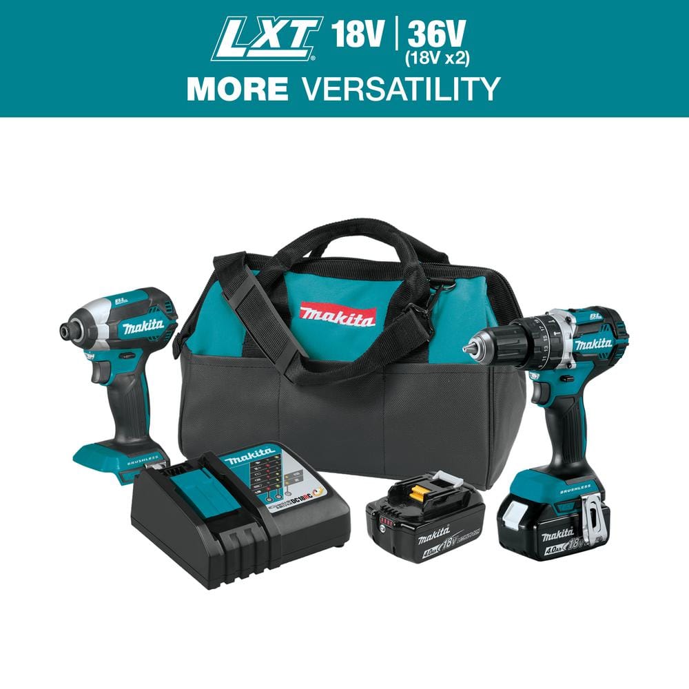 Makita 18V LXT Lithium Ion Brushless Cordless Hammer Drill and Impact Driver Combo Kit 2 Tool w 2 4Ah Batteries Bag XT269M The Home Depot