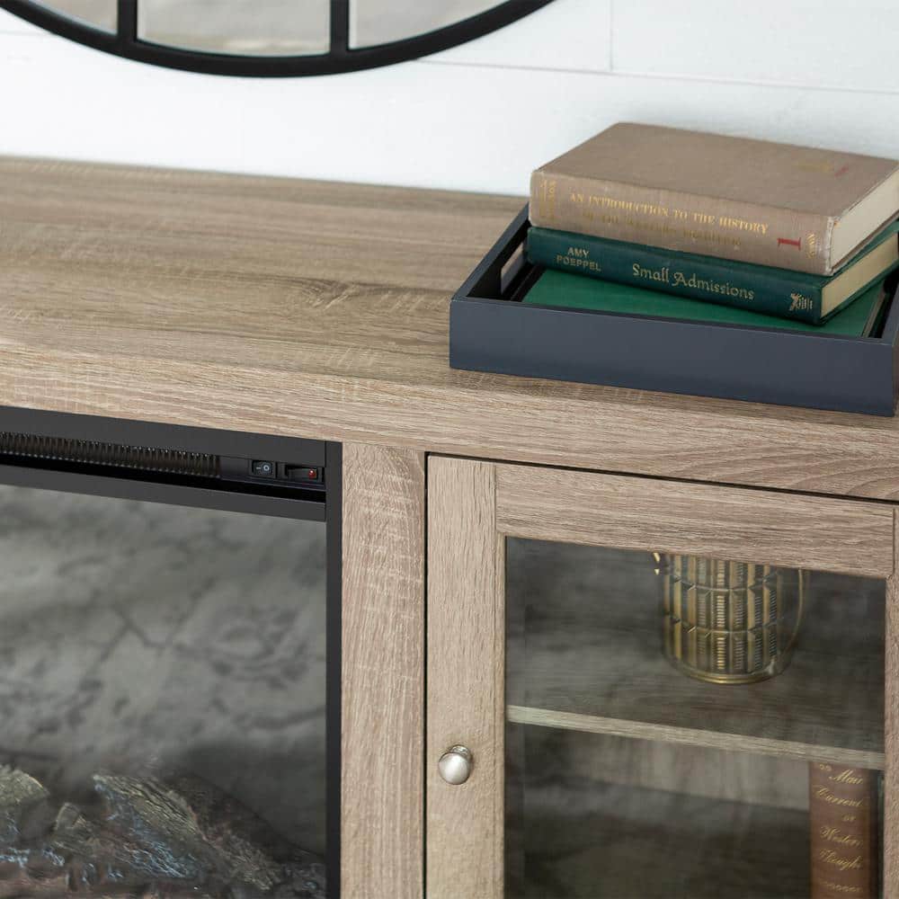 Driftwood 58" TV Stand with Electric Fireplace and Glass Cabinets
