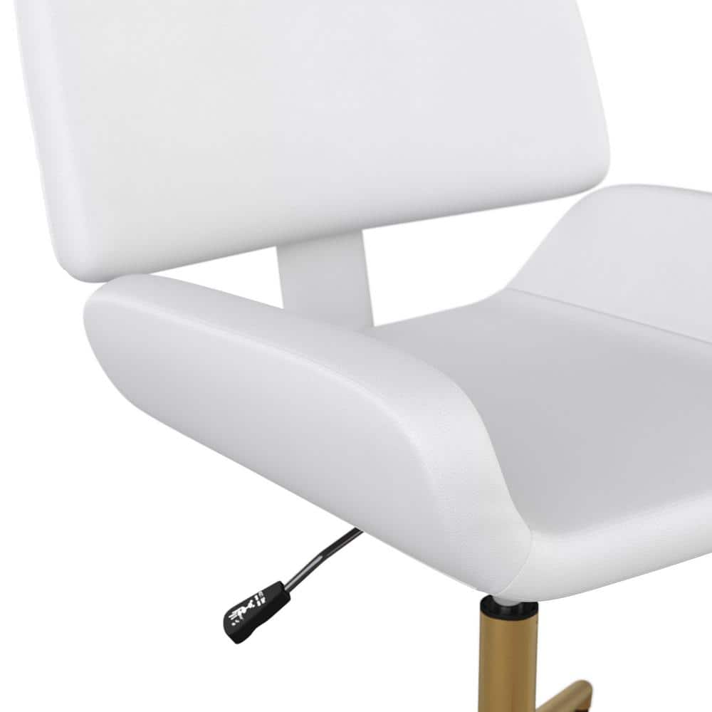 White Faux Leather Armless Swivel Office Chair with Brass Base