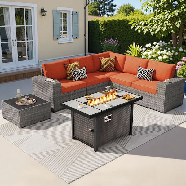 OVIOS Bissty Gray 7-Piece Wicker Wide Arm Patio Fire Pit Conversation Set with Orange Red Cushions