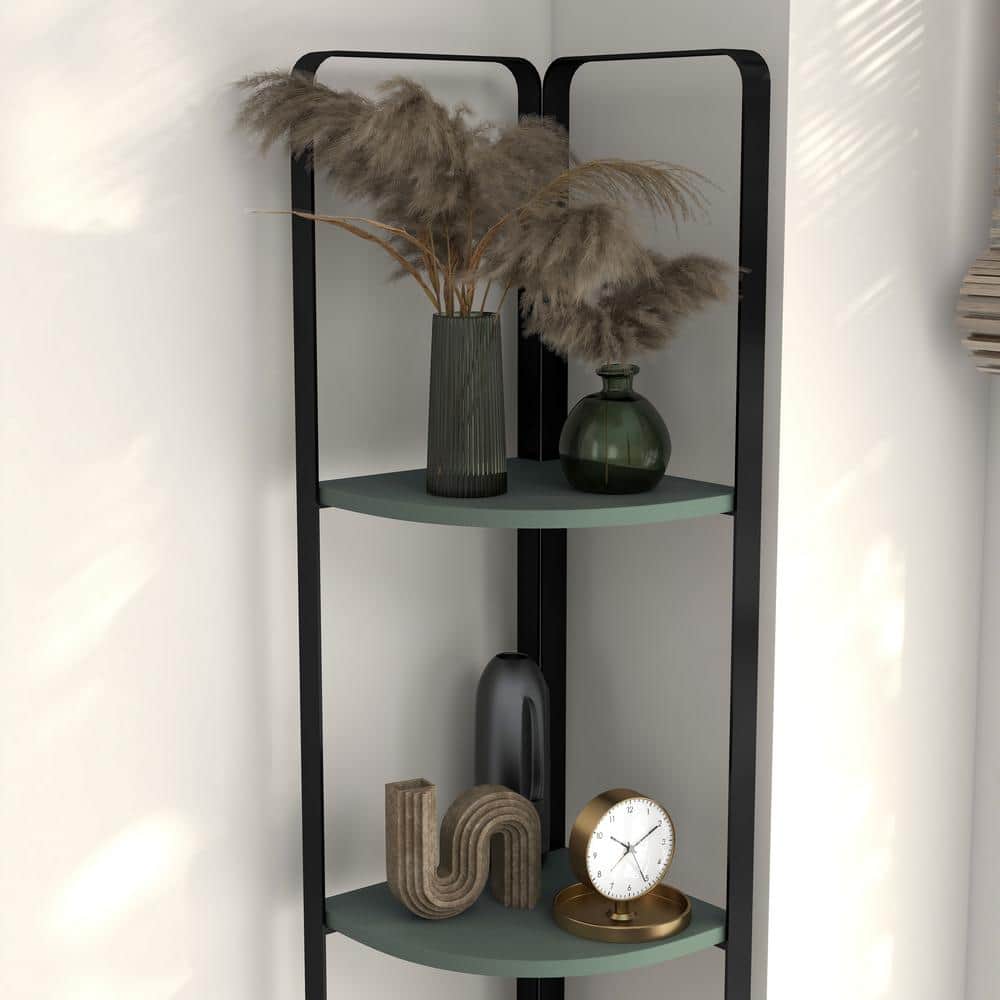 Naija Sage Green 71" Minimalist Corner Bookcase with Black Metal Frame
