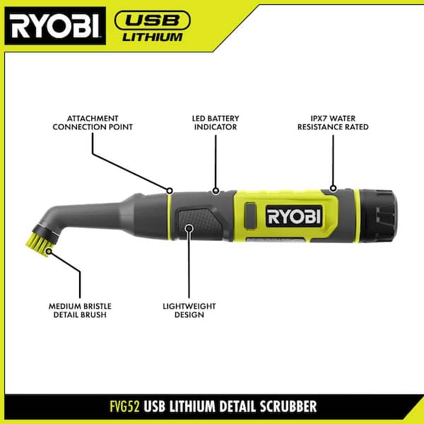 USB Lithium Cordless Compact Detail Scrubber Kit w/ 2Ah Battery, Charging Cable, & 2PC Soft/Medium Grout Bristle Brush