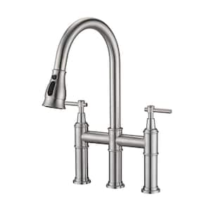 Double Handle Bridge Kitchen Faucet with Pull-Down Spray Head in Brushed Nickel Stainless Steel