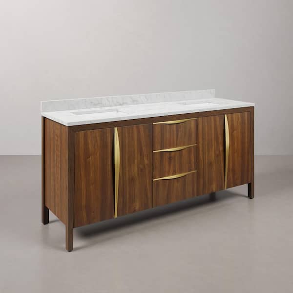 Ferrero 72 in. W Double Sink Bath Vanity in Noir Juglans with Carrara White Marble Top with White Basin
