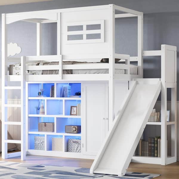 White Twin Size Wood House Loft Bed with Slide Storage Shelves Wardrobe LED Light Strips Window Design