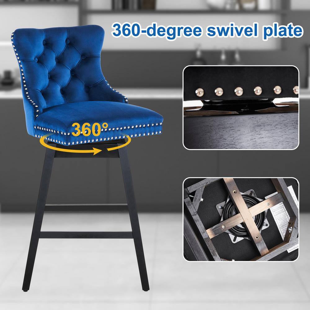 Blue Velvet Upholstered Swivel Counter Stools with Solid Wood Legs, Set of 2