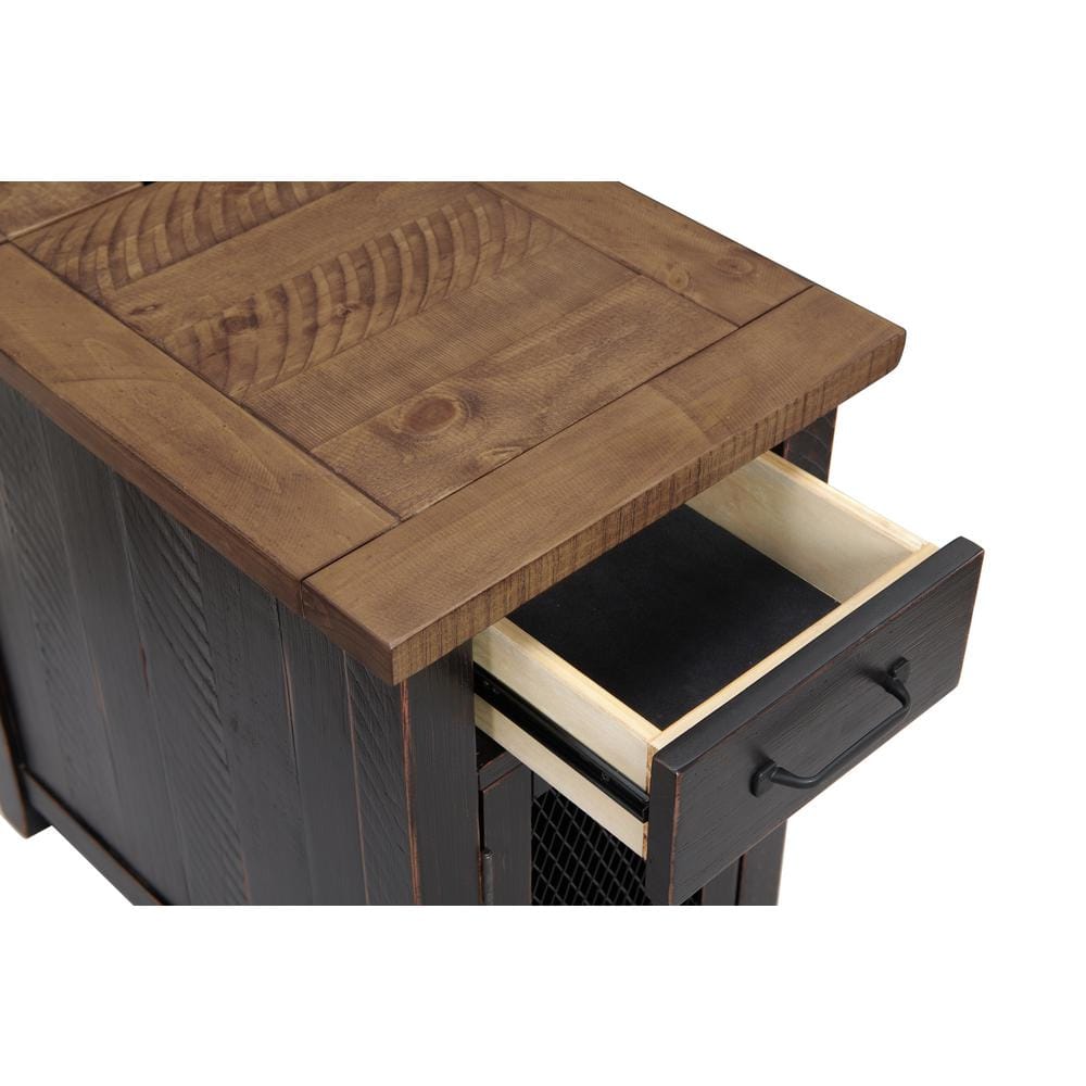Espresso Rustic Pine Chairside Table with Power Outlets and Storage