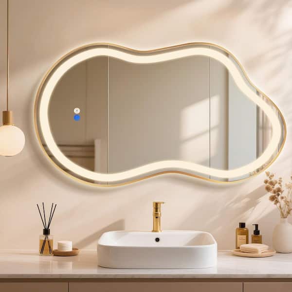 26 in. W x 46 in. H Asymmetrical Gold Framed LED Light Anti-Fog 3-Colors Dimmable Irregular Wall Mirror