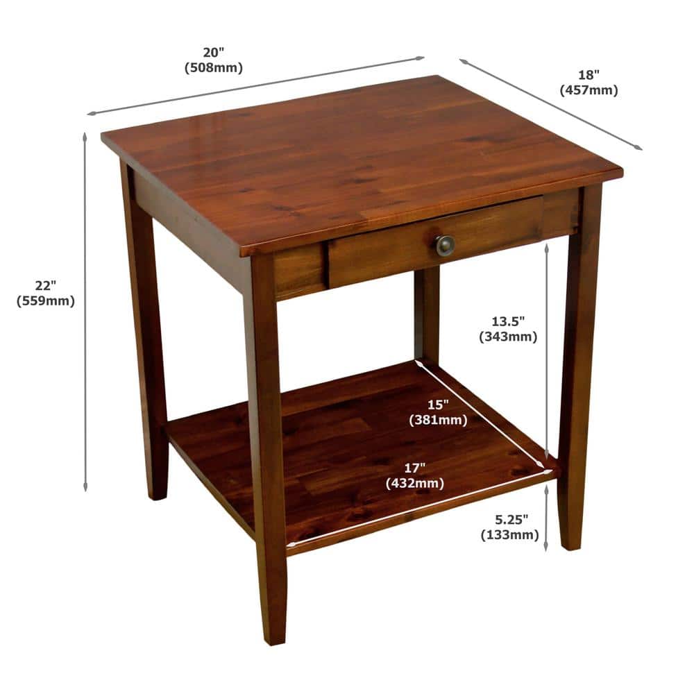 Mahogany Solid Acacia Wood End Table with Drawer and Shelf