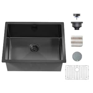 Stainless Steel 25 in. Black Single Bowl Undermount Kitchen Sink with Bottom Grid and Kitchen Sink Drain