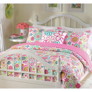 Flower Floral Bloom 4-Piece Multi-Color Pink Blue Green Orange Poly Cotton Queen Quilt Bedding Set and Throw Pillow