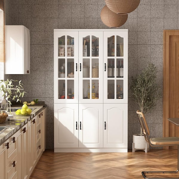 White Wood Accent Storage Cabinet With Tempered Glass Doors, Adjustable Shelves (47.2 in. W x 15.7 in. D x 78.7 in. H)