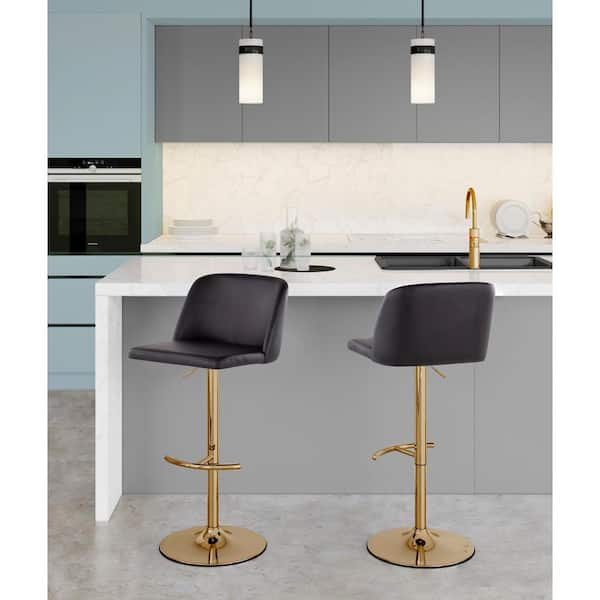 Lumisource Toriano 33 in. Black Faux Leather Gold Metal Adjustable Bar Stool Rounded T Footrest (Set of 2)