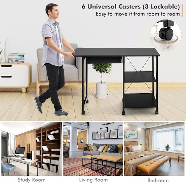 Costway 42 in. Black Wood Rolling Computer Desk Folding Writing Office Desk Storage Shelves QD 674 A86DK The Home Depot