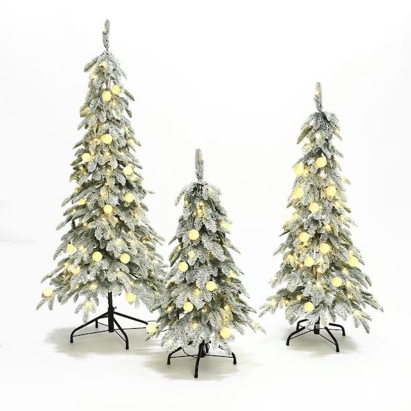 3 ft. 4 ft. 5 ft. 3-Piece Prelit Flocked Artificial Christmas Tree Set with Lights and Metal Stand