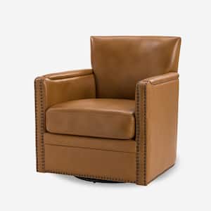 Amparo Camel 29 in. W Contemporary Genuine Leather Swivel Chair with Nailhead Trim Arm
