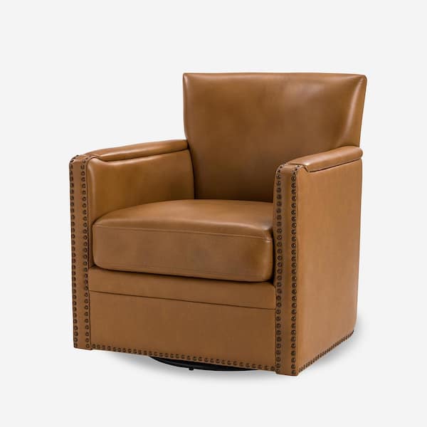 JAYDEN CREATION Amparo Camel 29 in. W Contemporary Genuine Leather Swivel Chair with Nailhead Trim Arm