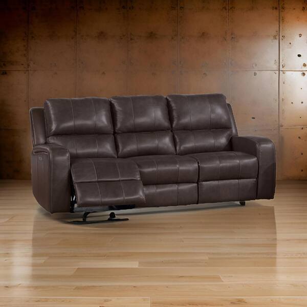Benjara 82.13 in. Flared Arm Leather Rectangle Cushioned Seating Recliner Sofa in Brown