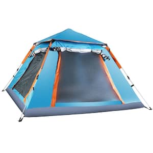 4 to 5-Person Polyester Fabric Foldable Outdoor Camping Tent with 2-Mosquito Nets, Windows and Carrying Bag in Blue