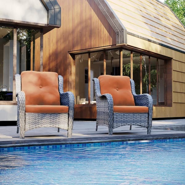JOYSIDE Ergonomic Arm 2-Piece Patio Wicker Outdoor Lounge Chair with Thick Orange Cushions