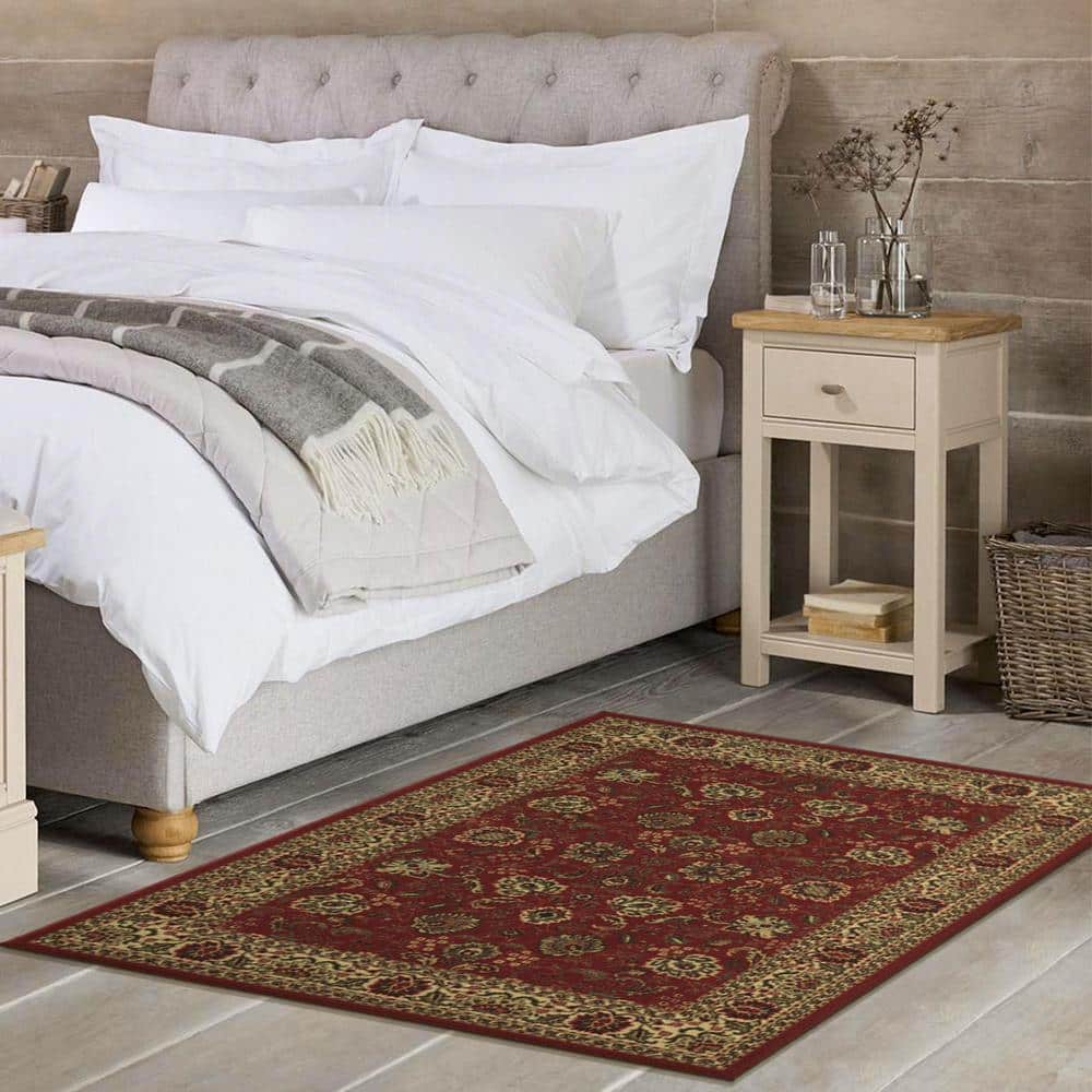 Dark Red Traditional Floral Non-Slip Synthetic Area Rug