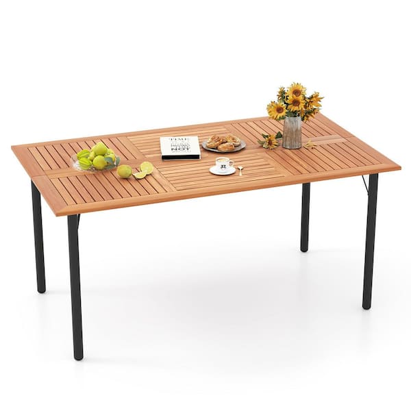 Gymax Rectangular Acacia Wood Dining Table w/1.9'' Umbrella Hole Patio Natural & Black