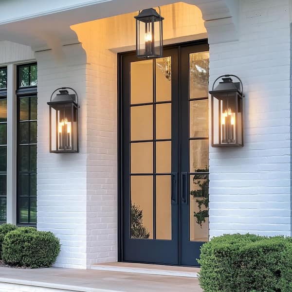 Silos 4-Light 27 in. Large Black Outdoor Wall Lantern Light With No Bulbs Included
