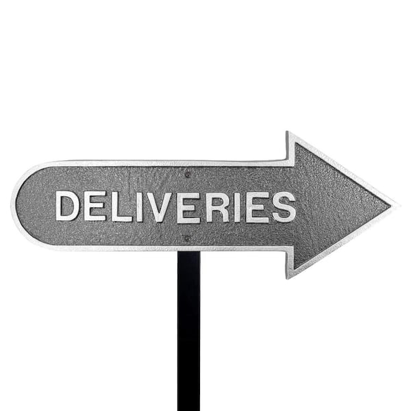 Montague Metal Products 6 in. x 15.5 in. Right Arrow Deliveries Statement Plaque Sign with Lawn Stake-Swedish Iron